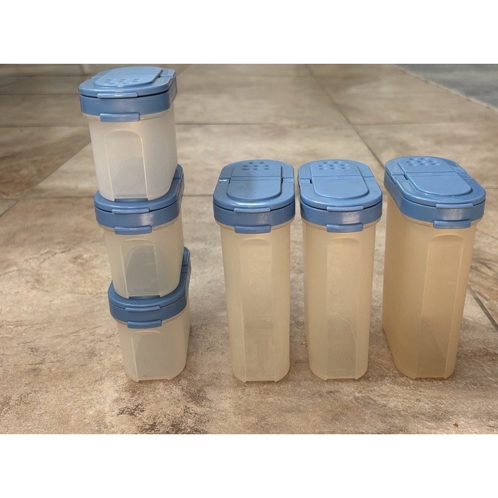 7pc Vintage Tupperware Modular Mates Spice Shaker Set Blue Lids 1846 1843 1844
